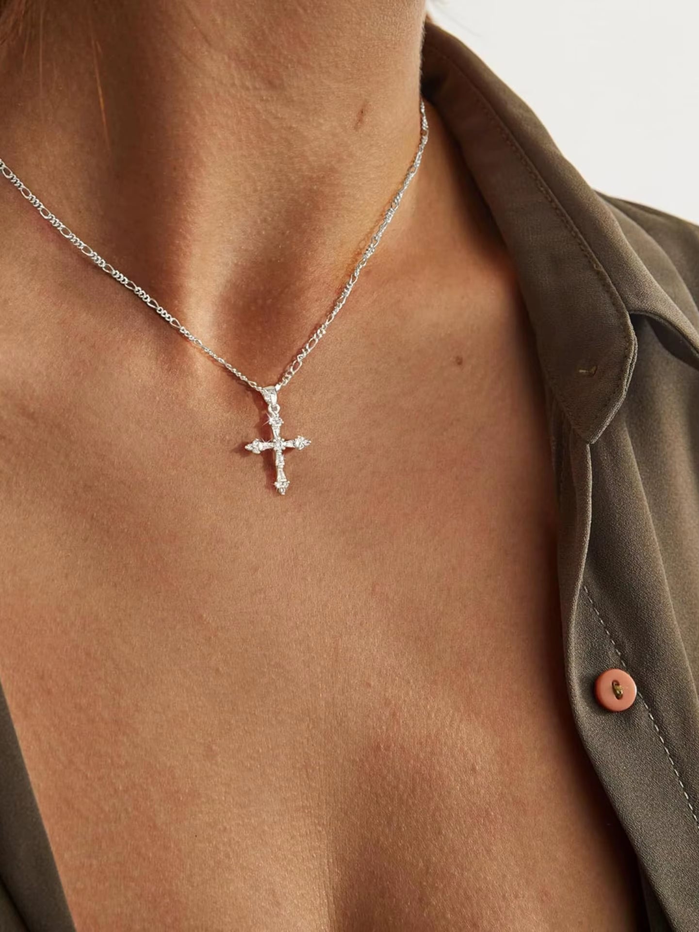 Trendy CZ Cross Necklace for Women 14K Real Gold Silver Plated Cross Pendant Figaro NK Chain Necklace Religious Faith Jewelry