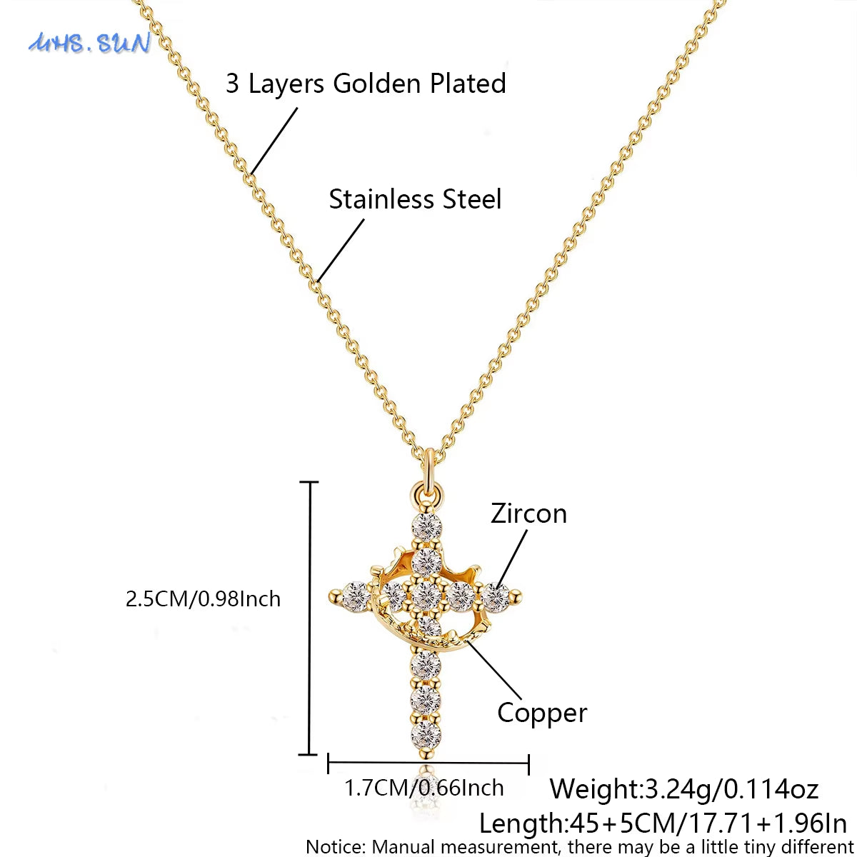 Cubic Zircon Rotatable Crown Cross Pendant Necklaces Classic Stainless Steel Chain Banquet Party Jewelry for Women Men