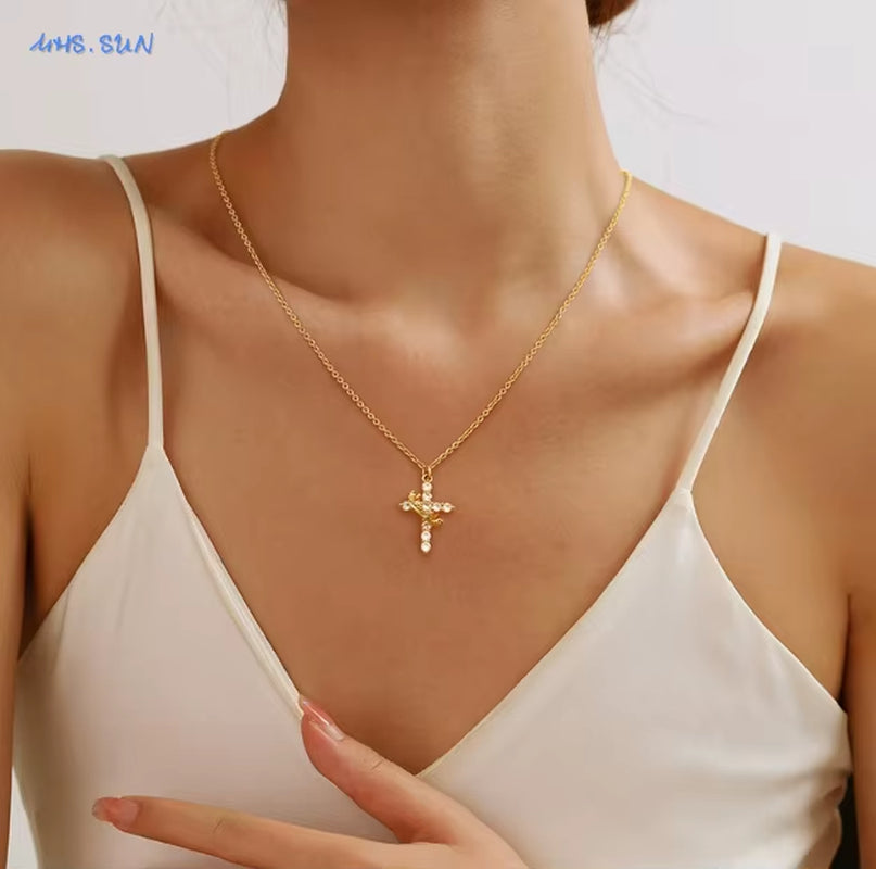 Cubic Zircon Rotatable Crown Cross Pendant Necklaces Classic Stainless Steel Chain Banquet Party Jewelry for Women Men