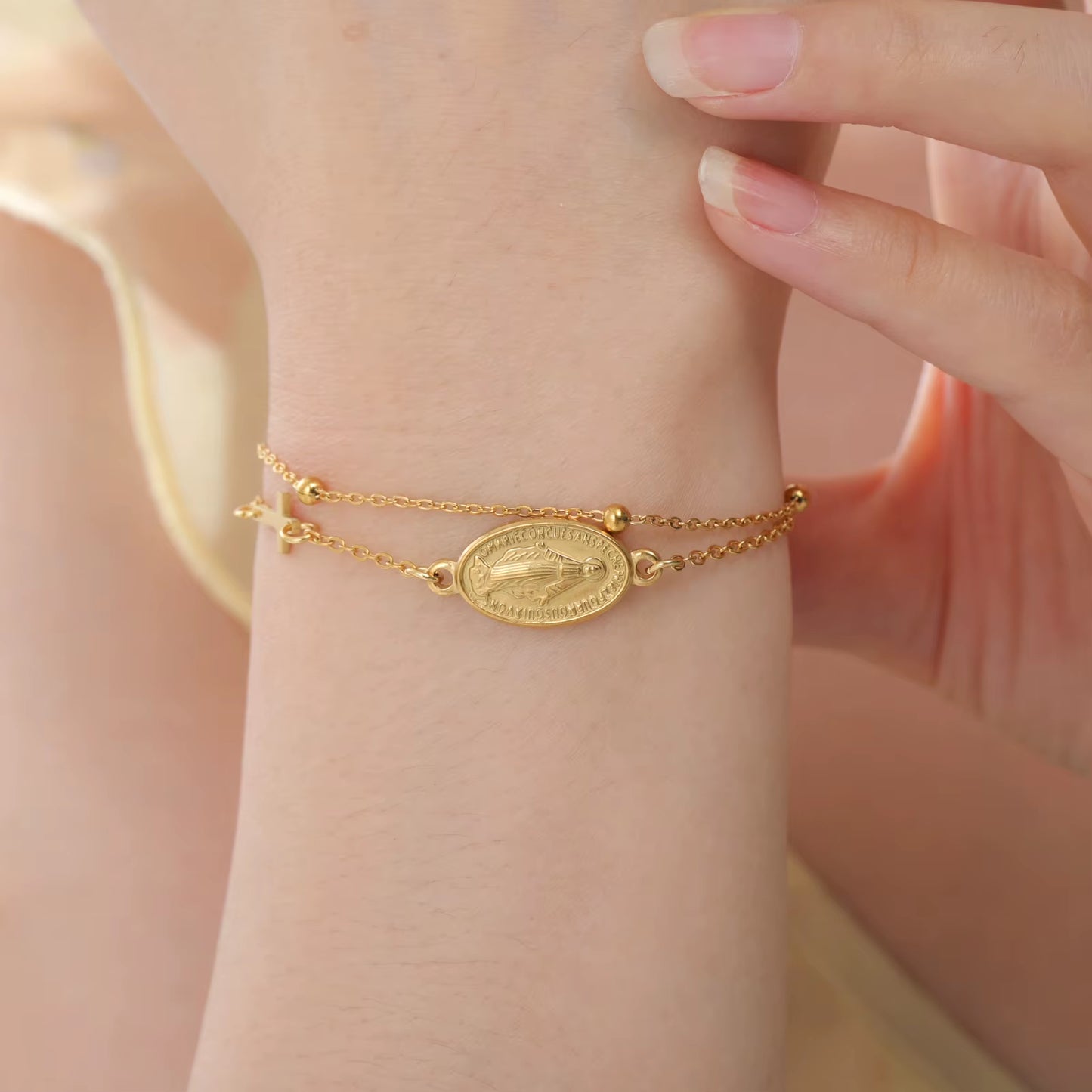 Virgin Mary with Cross Pendant Bracelets Stainless Steel Beads Chain Bracelets for Women Religious Amulet Jewelry Gifts