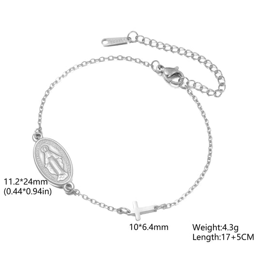 Virgin Mary with Cross Pendant Bracelets Stainless Steel Beads Chain Bracelets for Women Religious Amulet Jewelry Gifts