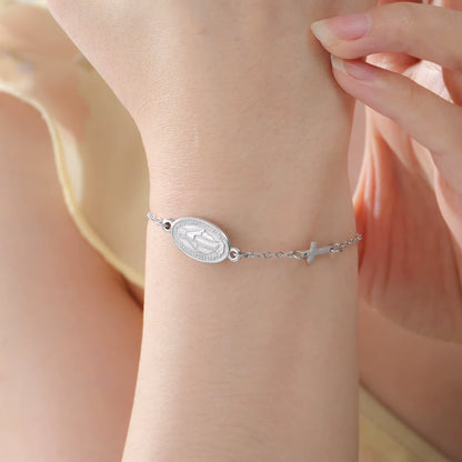 Virgin Mary with Cross Pendant Bracelets Stainless Steel Beads Chain Bracelets for Women Religious Amulet Jewelry Gifts