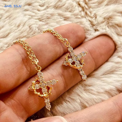 Cubic Zircon Rotatable Crown Cross Pendant Necklaces Classic Stainless Steel Chain Banquet Party Jewelry for Women Men