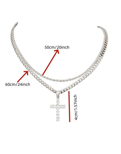 Fashionable Double Chain Set + Cross, Unisex - 3mm Layered Cuban Chain Necklace Set Minimalist Jewellery Gift 20-24 Inches Gift