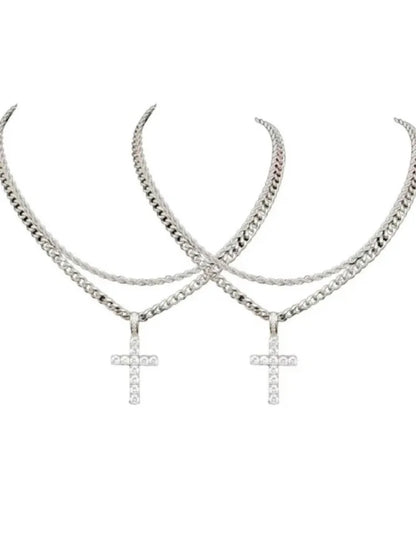 Fashionable Double Chain Set + Cross, Unisex - 3mm Layered Cuban Chain Necklace Set Minimalist Jewellery Gift 20-24 Inches Gift
