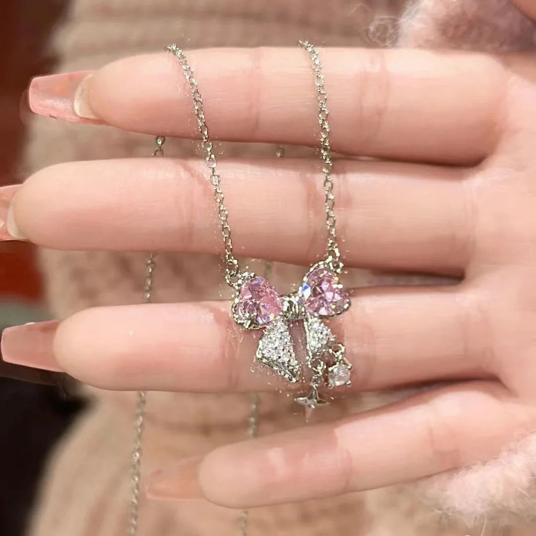 Chic Pink Bow Necklace - Elegant Chain for Effortless Style