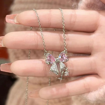 Chic Pink Bow Necklace - Elegant Chain for Effortless Style