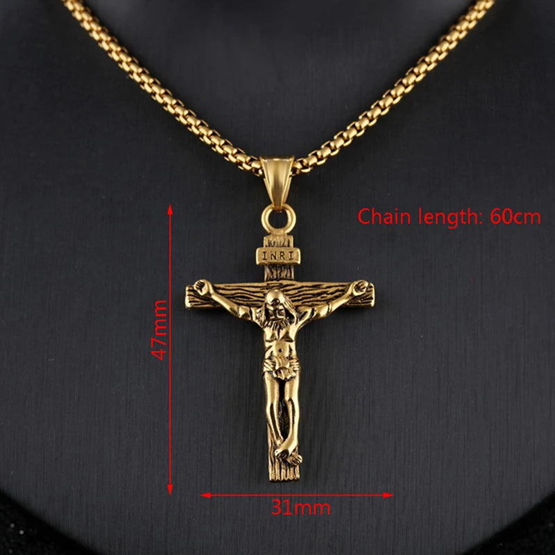 Religious Jesus Cross Stainless Steel Necklace for Men Fashion Gold Silver Color Cross Pendent with Chain Necklace Jewelry Gift