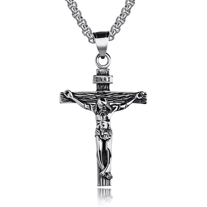 Religious Jesus Cross Stainless Steel Necklace for Men Fashion Gold Silver Color Cross Pendent with Chain Necklace Jewelry Gift