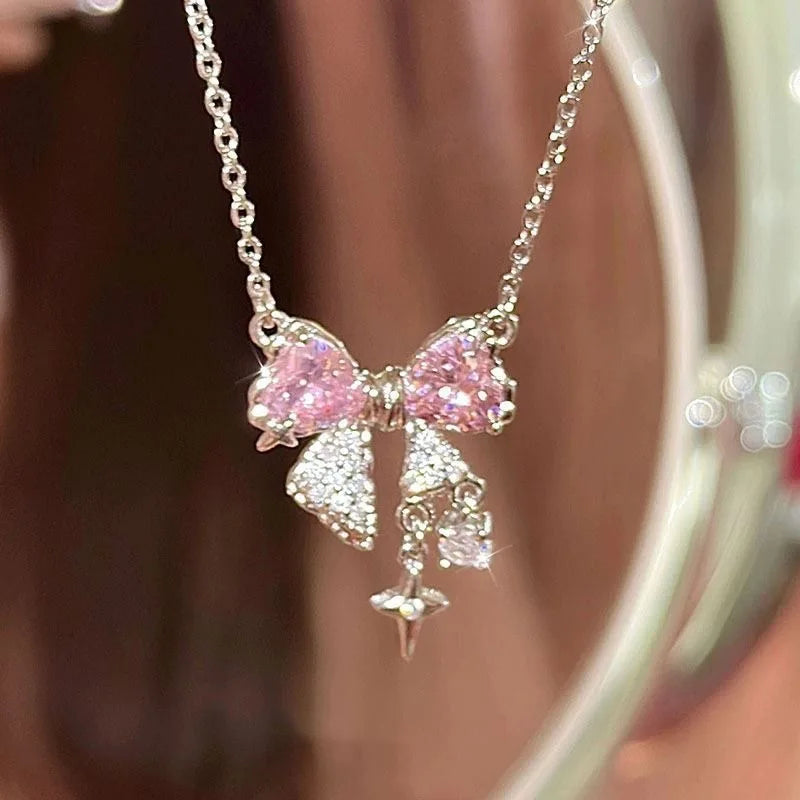 Chic Pink Bow Necklace - Elegant Chain for Effortless Style