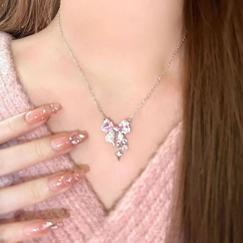 Chic Pink Bow Necklace - Elegant Chain for Effortless Style