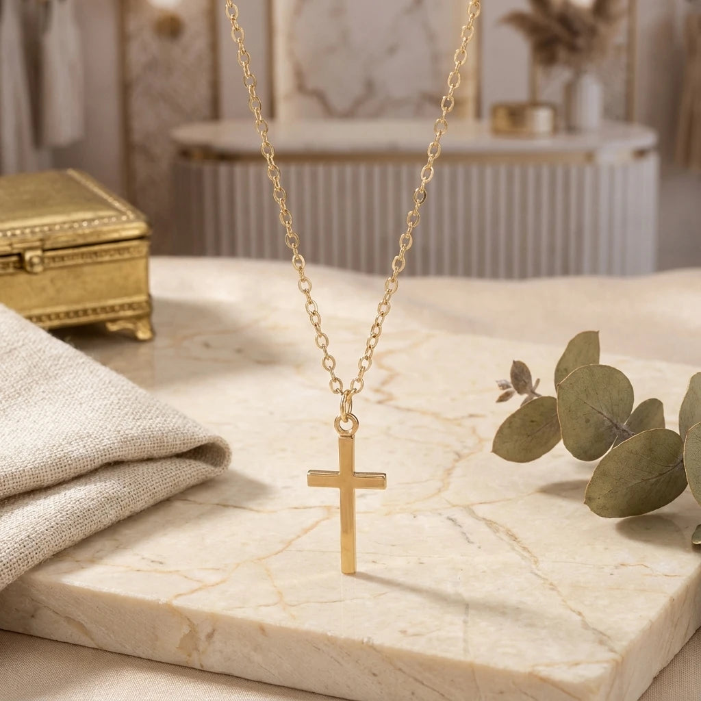 Unisex Rose Gold-Plated Cross Pendant Necklace - Versatile Choker & Sweater Chain for Religious Jewelry Enthusiasts