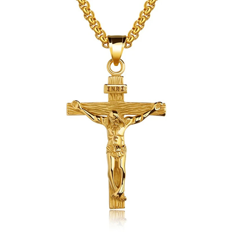 Religious Jesus Cross Stainless Steel Necklace for Men Fashion Gold Silver Color Cross Pendent with Chain Necklace Jewelry Gift