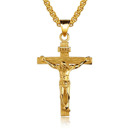 Religious Jesus Cross Stainless Steel Necklace for Men Fashion Gold Silver Color Cross Pendent with Chain Necklace Jewelry Gift