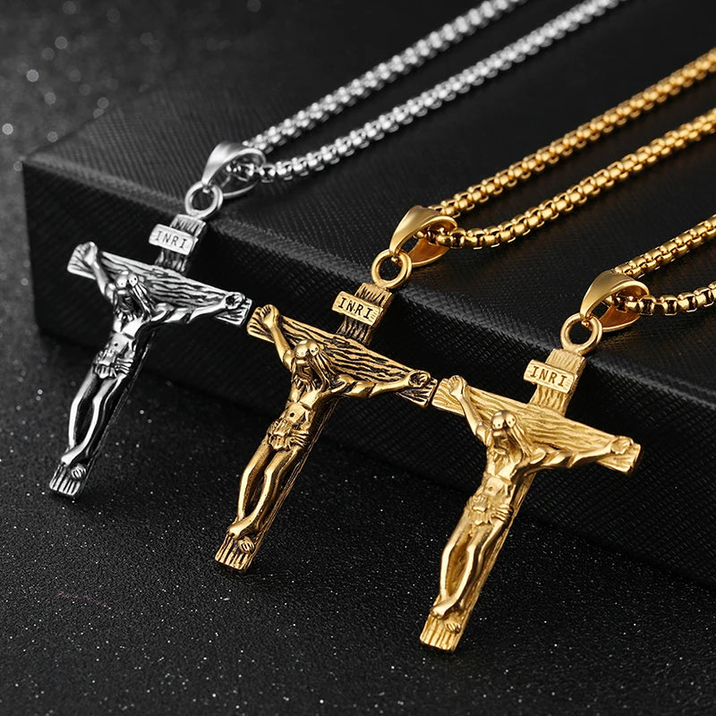 Religious Jesus Cross Stainless Steel Necklace for Men Fashion Gold Silver Color Cross Pendent with Chain Necklace Jewelry Gift