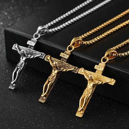 Religious Jesus Cross Stainless Steel Necklace for Men Fashion Gold Silver Color Cross Pendent with Chain Necklace Jewelry Gift