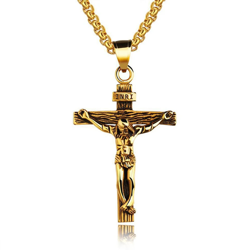 Religious Jesus Cross Stainless Steel Necklace for Men Fashion Gold Silver Color Cross Pendent with Chain Necklace Jewelry Gift