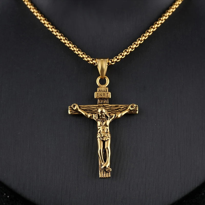 Religious Jesus Cross Stainless Steel Necklace for Men Fashion Gold Silver Color Cross Pendent with Chain Necklace Jewelry Gift