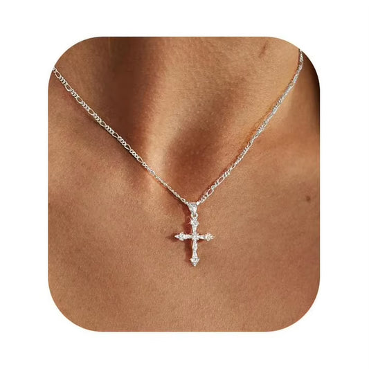 Trendy CZ Cross Necklace for Women 14K Real Gold Silver Plated Cross Pendant Figaro NK Chain Necklace Religious Faith Jewelry