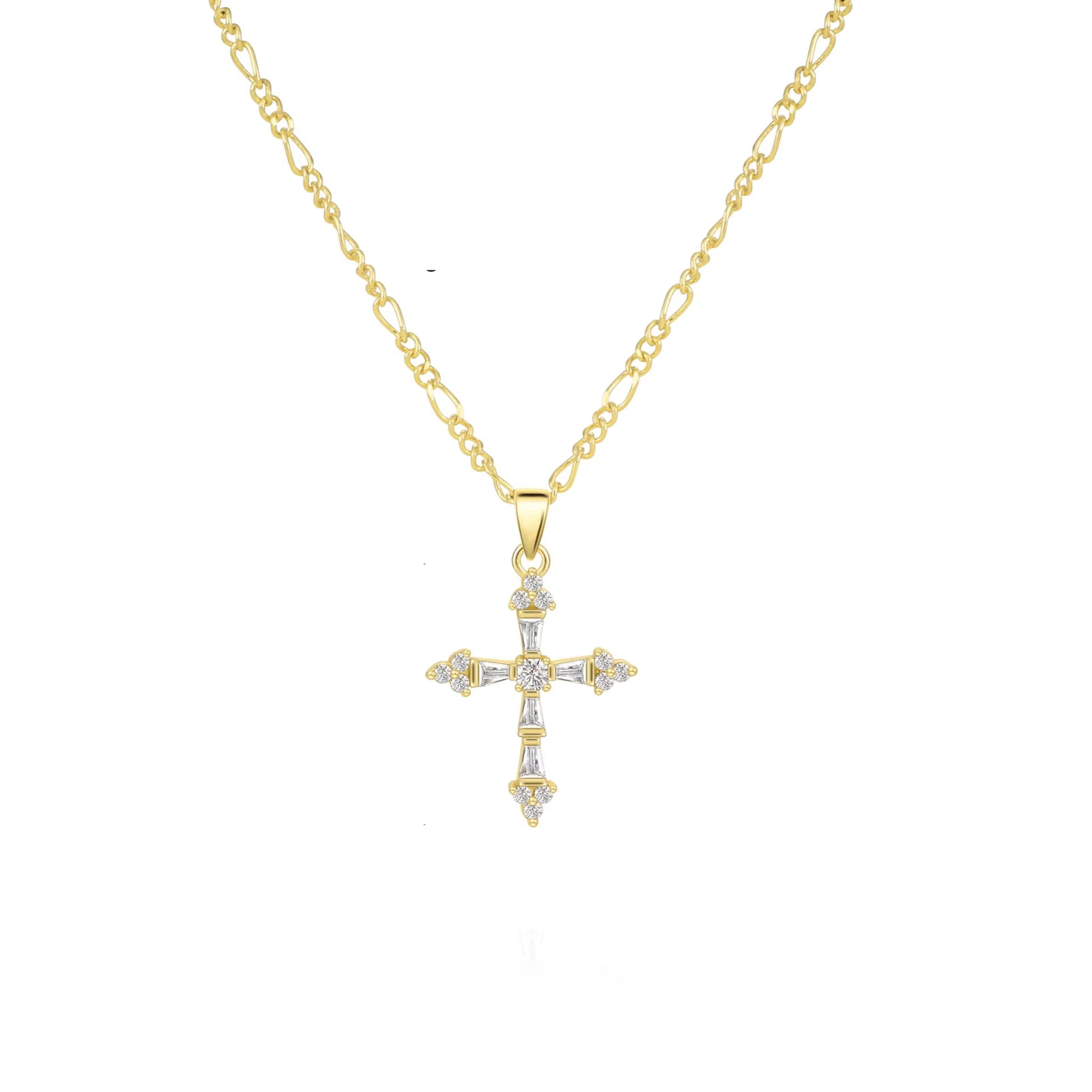 Trendy CZ Cross Necklace for Women 14K Real Gold Silver Plated Cross Pendant Figaro NK Chain Necklace Religious Faith Jewelry