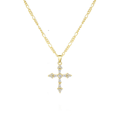 Trendy CZ Cross Necklace for Women 14K Real Gold Silver Plated Cross Pendant Figaro NK Chain Necklace Religious Faith Jewelry