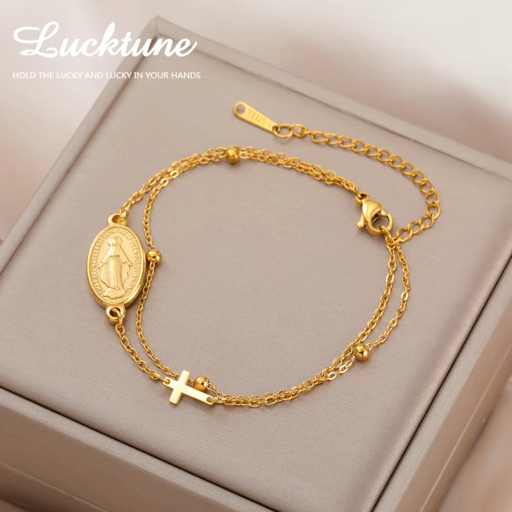 Virgin Mary with Cross Pendant Bracelets Stainless Steel Beads Chain Bracelets for Women Religious Amulet Jewelry Gifts