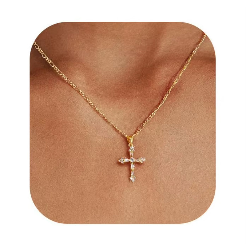 Trendy CZ Cross Necklace for Women 14K Real Gold Silver Plated Cross Pendant Figaro NK Chain Necklace Religious Faith Jewelry