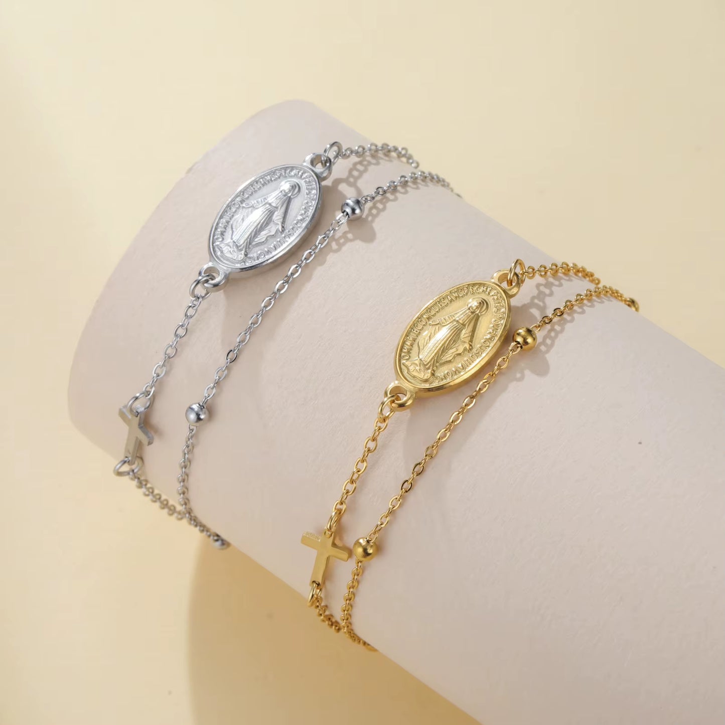 Virgin Mary with Cross Pendant Bracelets Stainless Steel Beads Chain Bracelets for Women Religious Amulet Jewelry Gifts