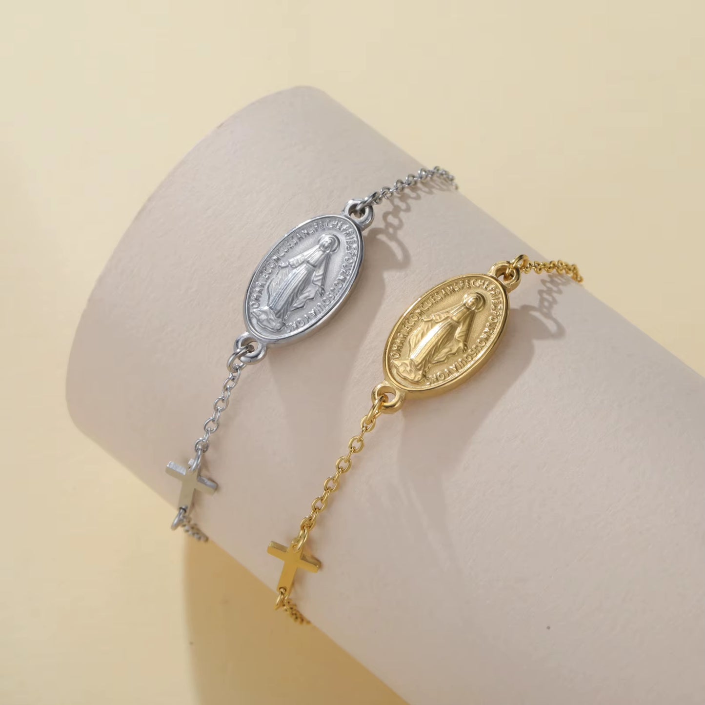 Virgin Mary with Cross Pendant Bracelets Stainless Steel Beads Chain Bracelets for Women Religious Amulet Jewelry Gifts