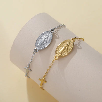 Virgin Mary with Cross Pendant Bracelets Stainless Steel Beads Chain Bracelets for Women Religious Amulet Jewelry Gifts
